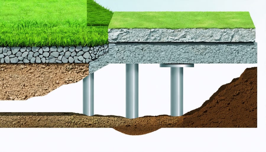 Illustrated cross-section showing gravel pad, concrete pier, and adjustable post shed foundation methods on uneven ground.