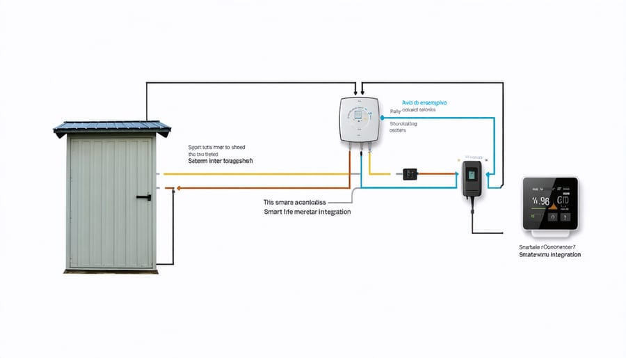 Illustrated connection diagram between smart meter, electrical panel, and storage shed components