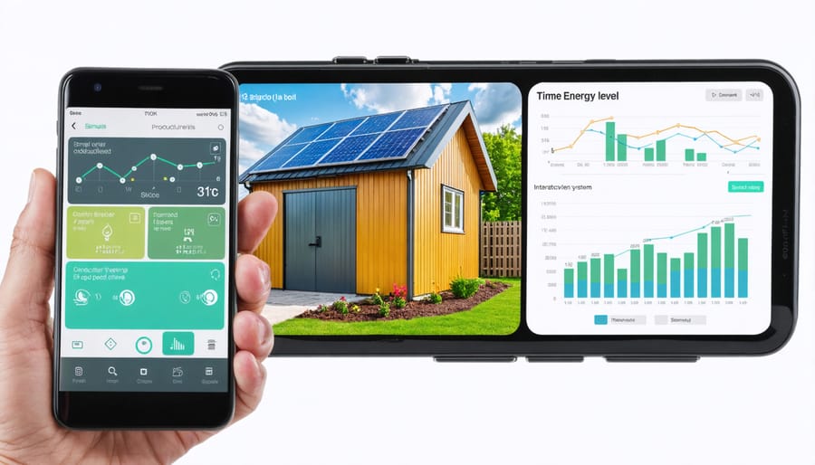 Smart phone displaying energy management app interface for shed system