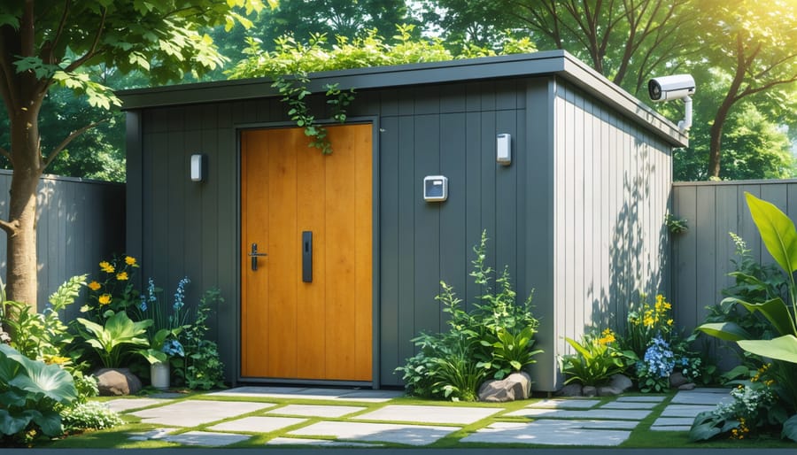 A modern garden shed equipped with smart security features, including a smart lock, security camera, and motion sensors integrated into a lush garden setting.