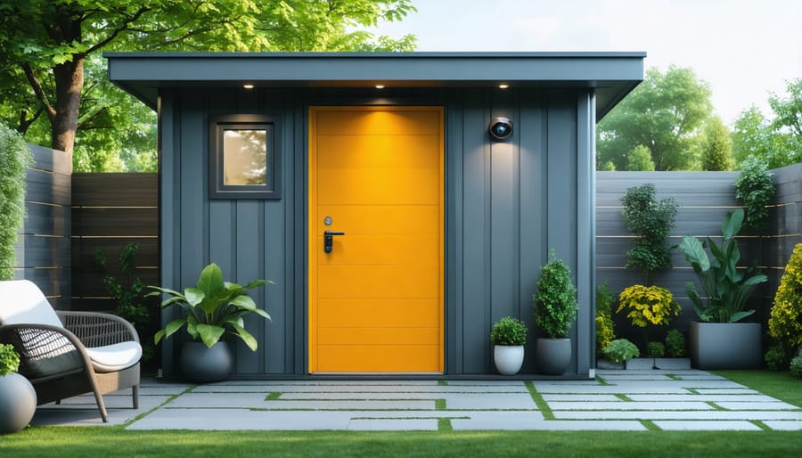 Smart garden shed with visible security components including a doorbell camera, keypad lock, and motion sensors