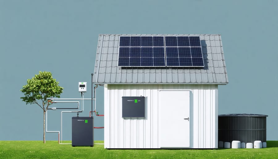 Technical illustration of solar power system components and installation on shed