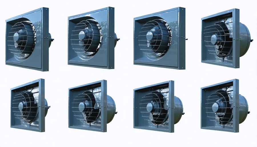 Four-panel image showing key steps in installing a solar exhaust fan on a shed