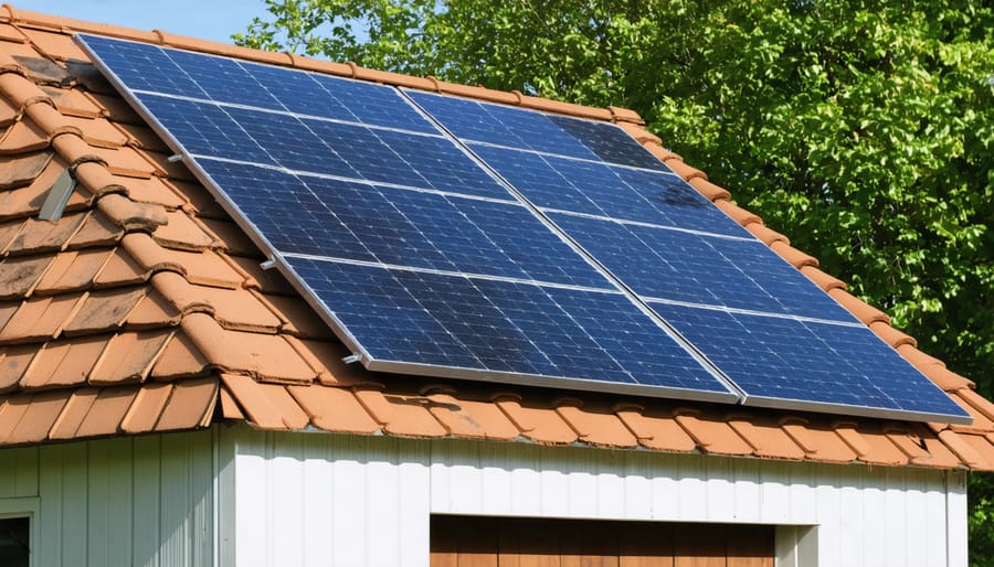 Sequential images showing the process of installing solar panels on a shed roof