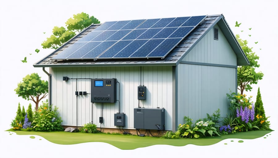 Conceptual illustration showing a garden shed with solar panels and labeled components such as batteries, charge controller, and inverter, illustrating the renewable energy transformation.