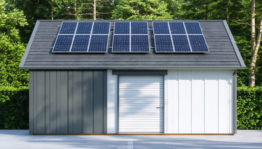 Energy-efficient shed showing solar panel installation and natural lighting features