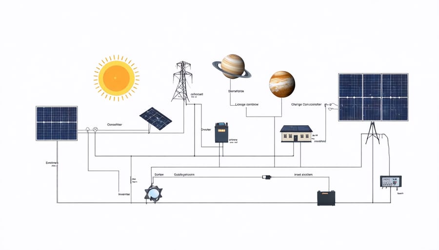 Labeled diagram of solar power system components for shed installation