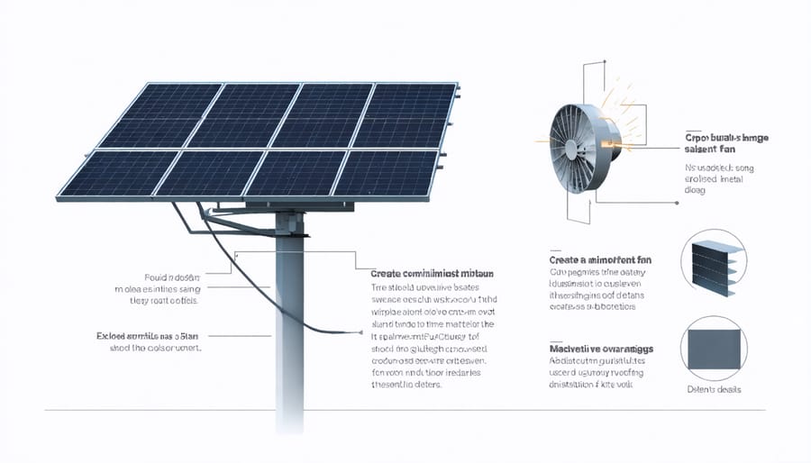 Technical diagram showing solar panel, fan, housing, and wiring components of a solar vent fan