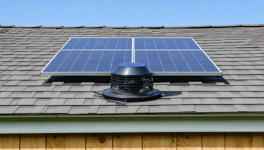 Person installing a solar vent fan showing tools, safety equipment, and proper mounting technique