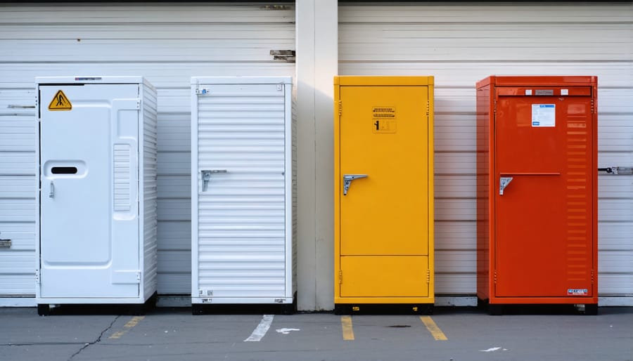 Side-by-side comparison of plastic, metal, and resin outdoor storage units showing their different features and finishes