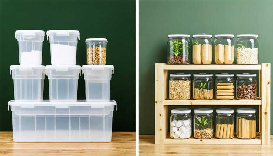 Side-by-side comparison of traditional plastic storage versus sustainable storage alternatives