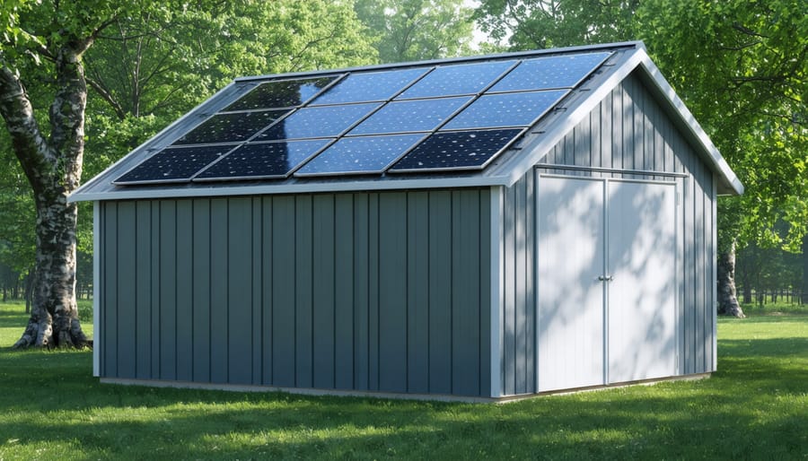 Modern garden shed featuring multiple skylights and ventilation systems demonstrating energy-efficient design