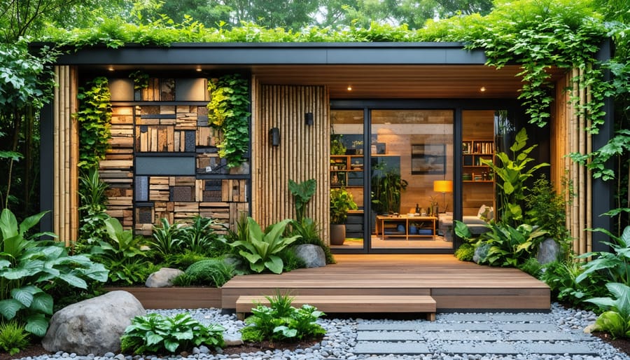 "A sustainable shed constructed with eco-friendly materials including reclaimed wood, bamboo, recycled steel, and hemp insulation, set against a backdrop of lush greenery."