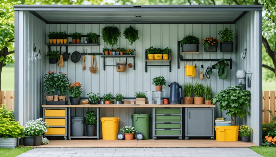 Interior view of well-organized shed featuring recycled materials and efficient storage systems