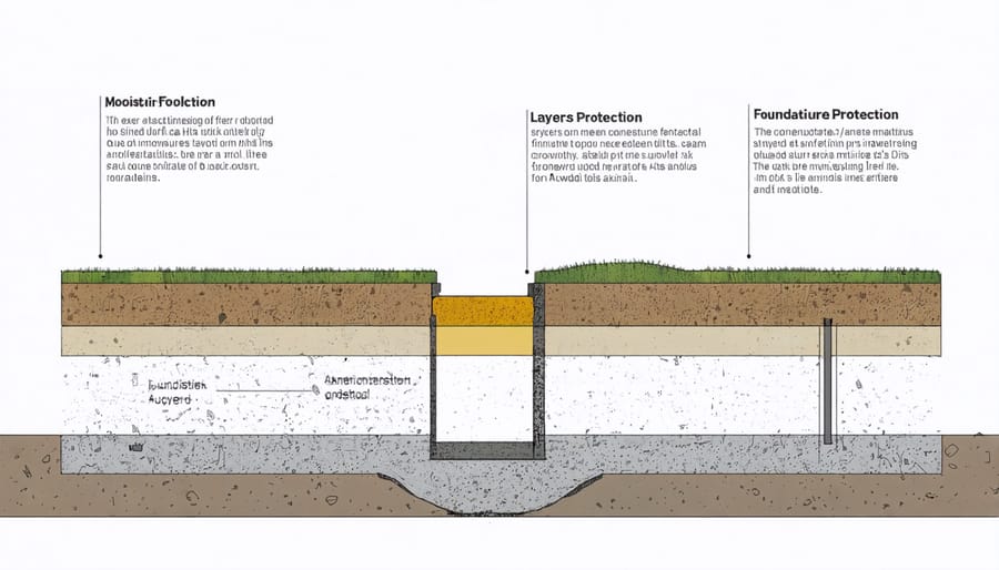 Cross-section illustration of tool shed foundation layers including gravel, vapor barrier, and concrete