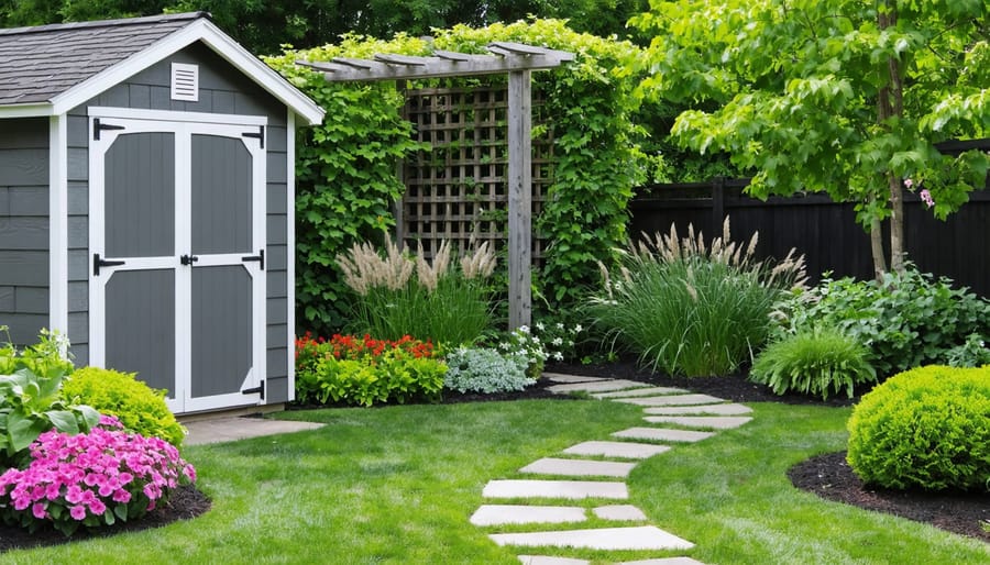 A charming garden storage shed integrated into a landscaped backyard setting, featuring a curved stone pathway, flowering perennials, foundation plantings, and climbing vines on trellises.