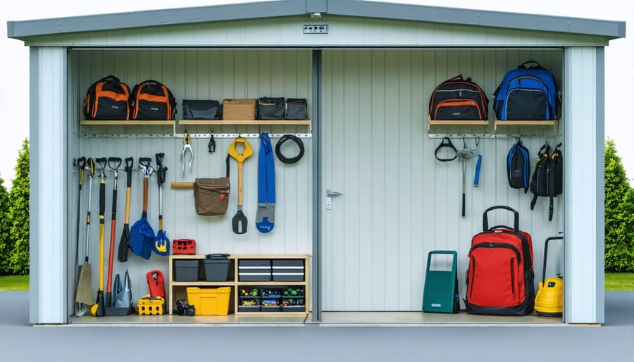 Well-organized interior of a vinyl shed displaying shelving, tool storage, and equipment organization