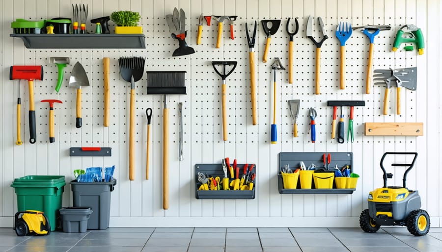 Organized shed wall featuring a pegboard storage system with hanging garden tools and labeled sections