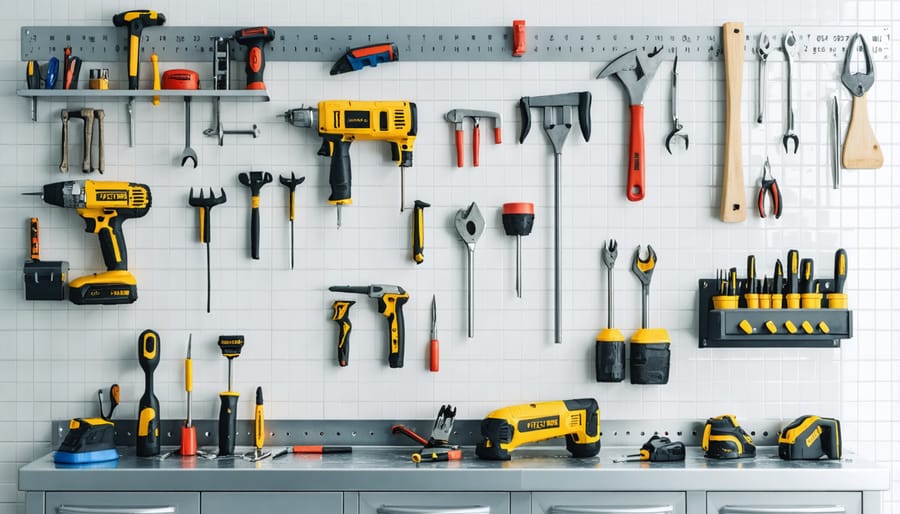 Close-up of wall-mounted tool storage showing padded clips, rust-resistant hooks, and proper spacing between tools