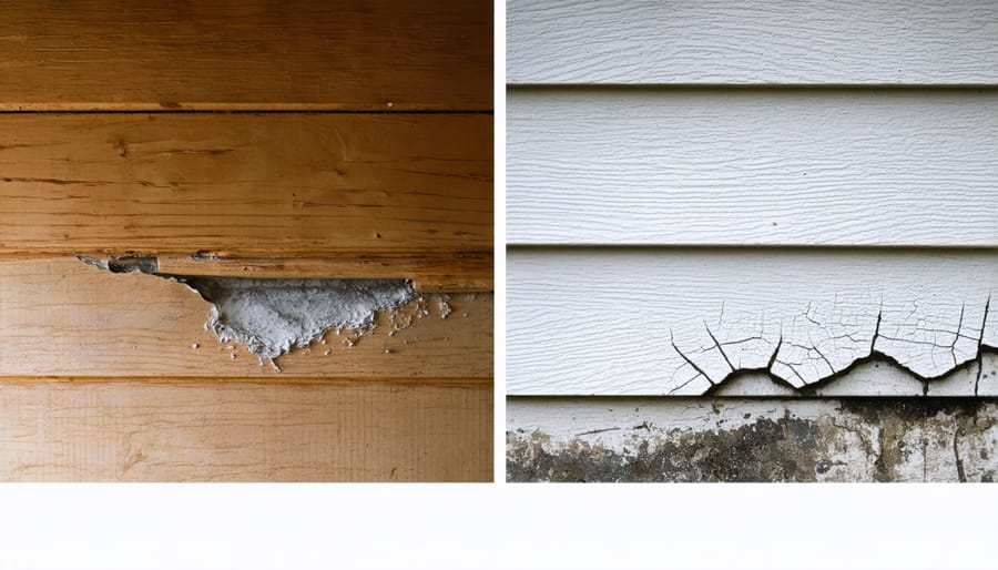 Visual comparison of common water damage signs on shed basement walls