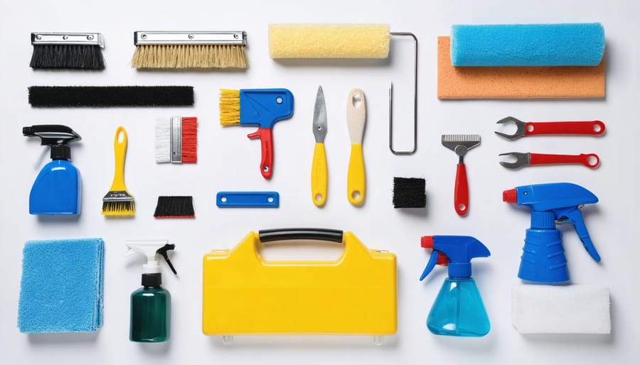 Complete set of waterproofing supplies and tools laid out on a workbench