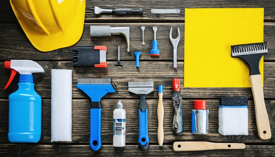 Organized display of waterproofing supplies including sealants, caulk guns, brushes, and protective gear