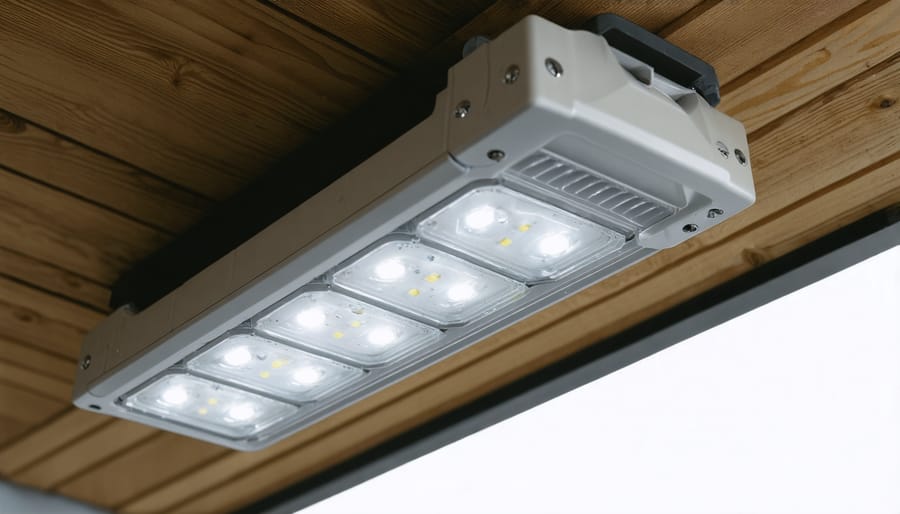 Detailed view of weather-protected shed light fixture installation