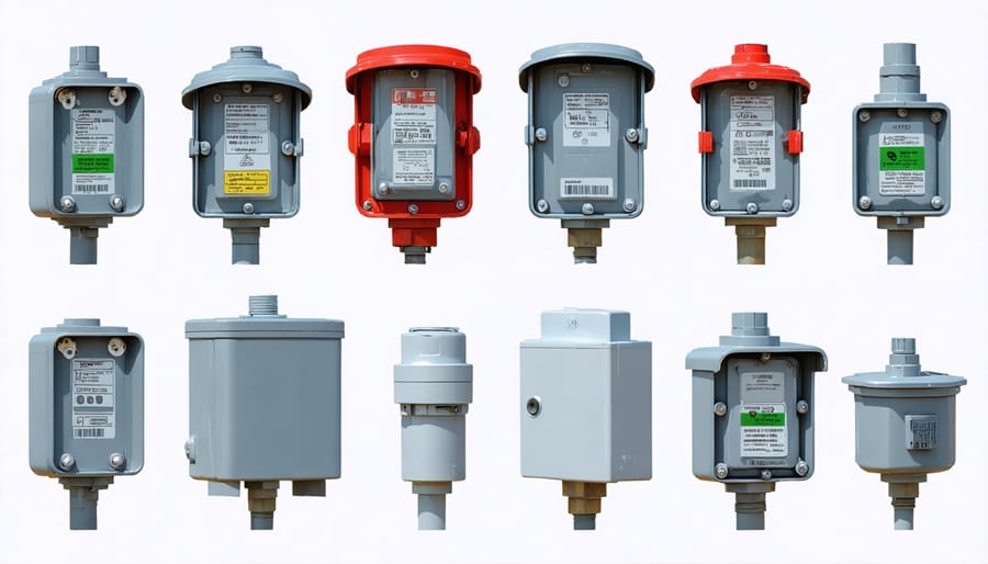 Collection of weatherproof junction boxes made from plastic, metal, and composite materials with visible IP rating labels