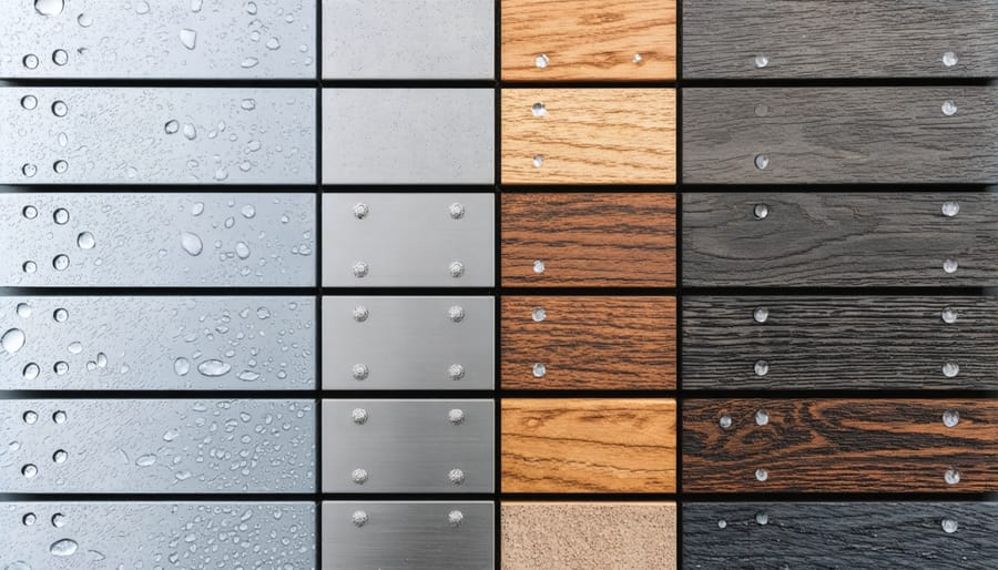 Side-by-side comparison of different weatherproof shelving materials showing their characteristics