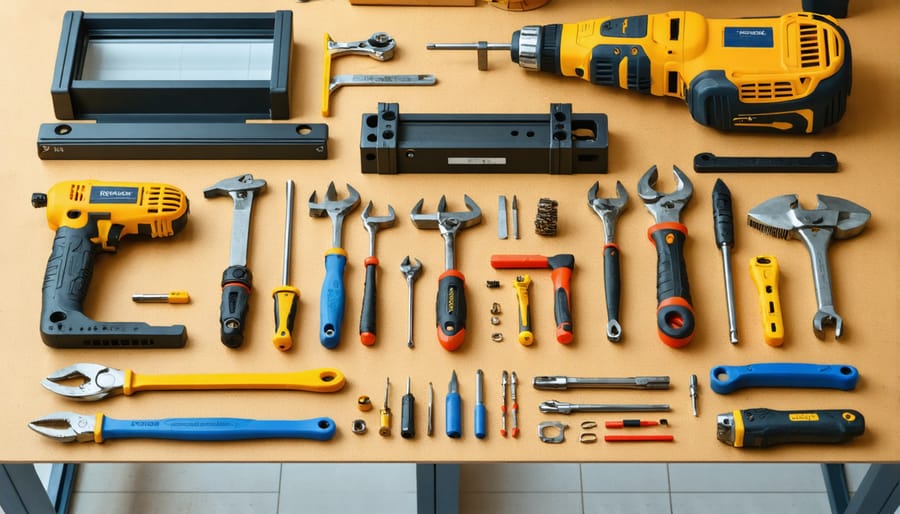 Complete set of tools and materials needed for shed window installation, including saw, level, measuring tape, window unit, and hardware