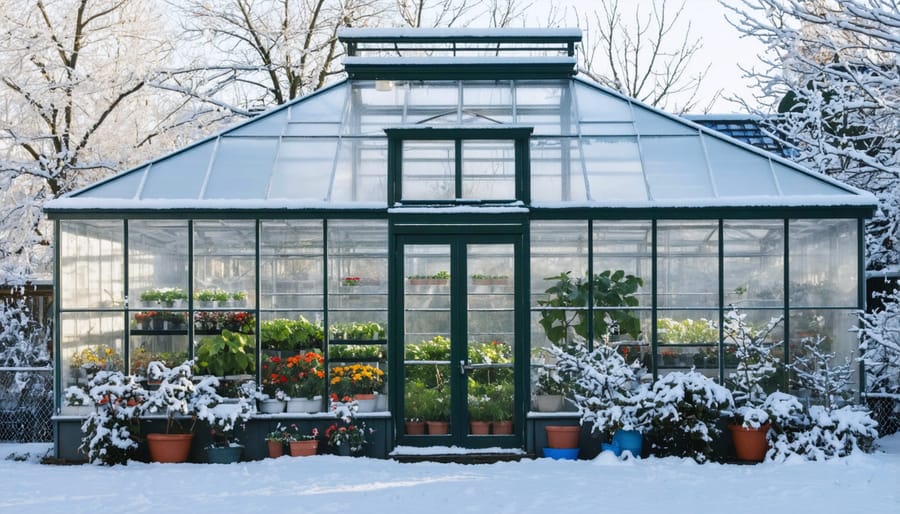 Functioning greenhouse in winter showing steam rising from vents and healthy plants visible through snow-covered roof