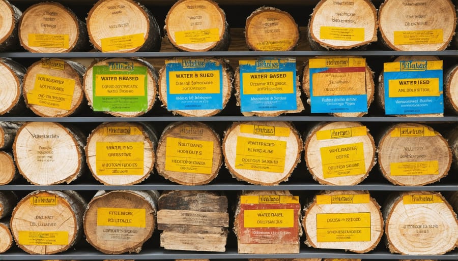 Display of different types of wood preservatives showing water-based and oil-based options