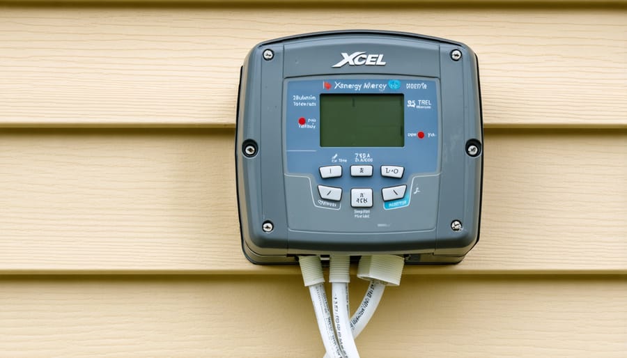 Modern Xcel Energy smart meter displaying digital readout and wireless connectivity indicator