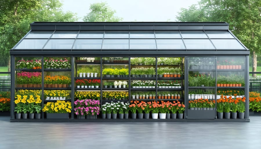 Exterior view of an L-shaped potting shed-greenhouse combination showing glass panels and organized workspace
