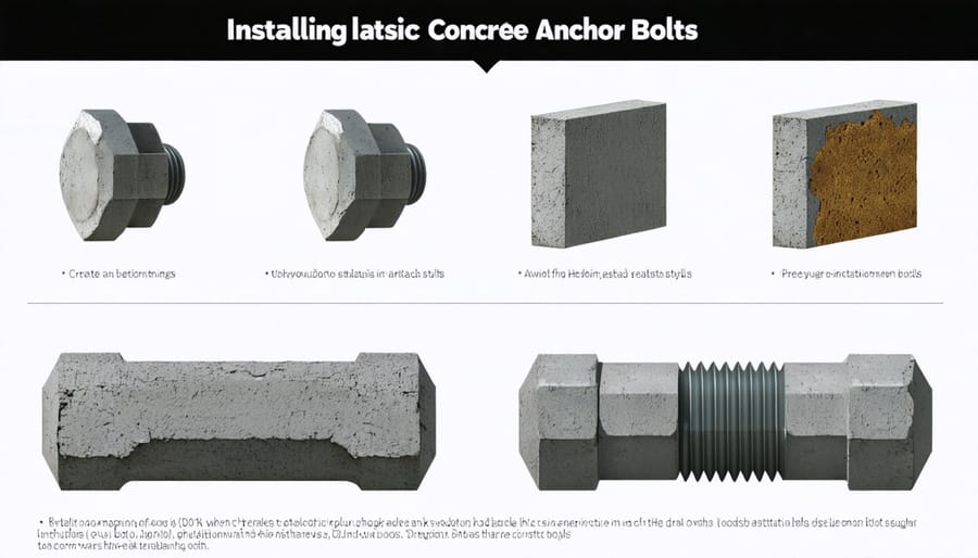 Installation process of concrete anchor bolts showing drilling, bolt placement, and tightening