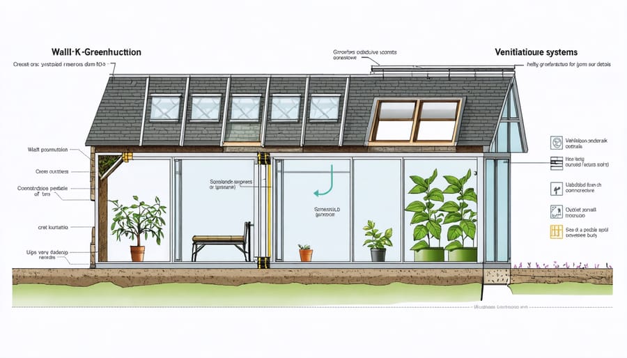 Technical cross-section illustration of shed-greenhouse construction elements