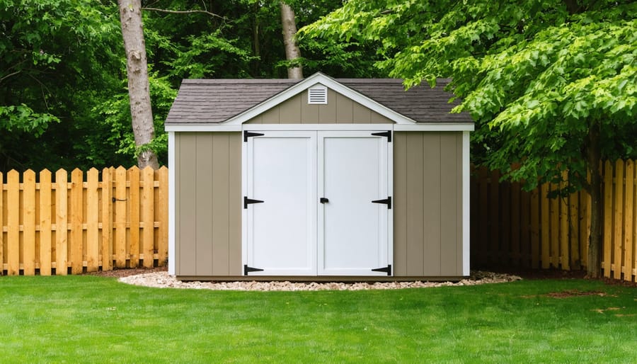 Corner-installed 3-sided storage shed showing efficient use of yard space
