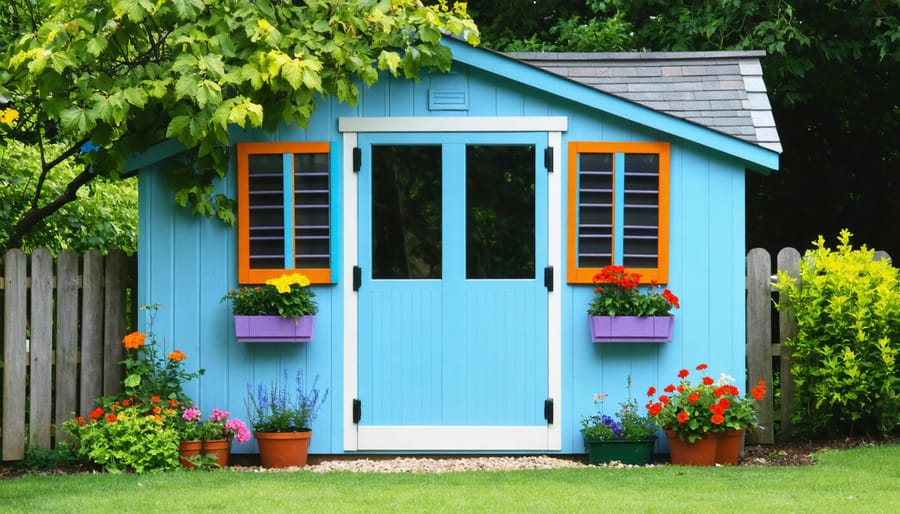 A charming garden shed featuring teal paint, white trim, window boxes full of flowers, and solar path lights