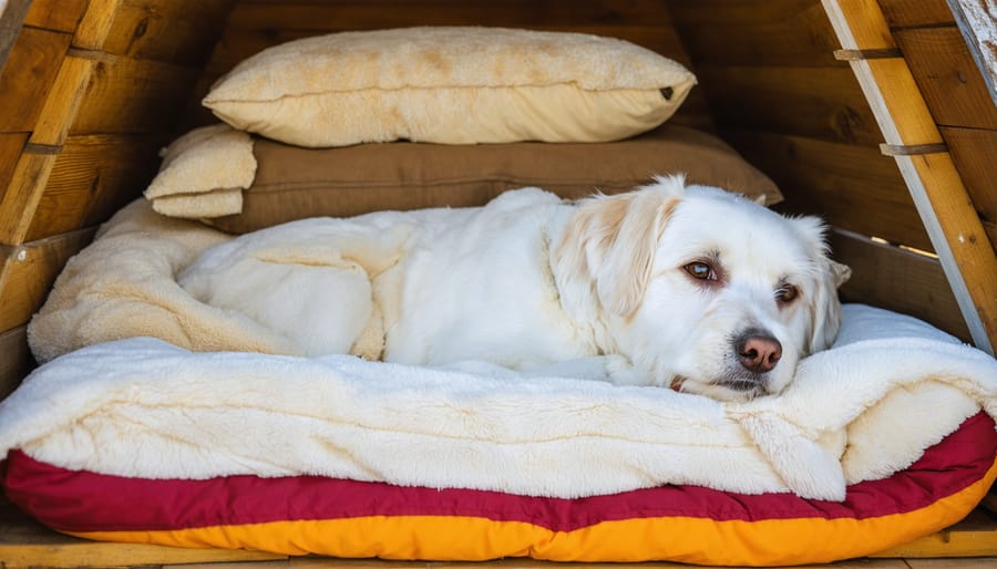 Interior features of a well-equipped German Shepherd dog house including bedding and ventilation