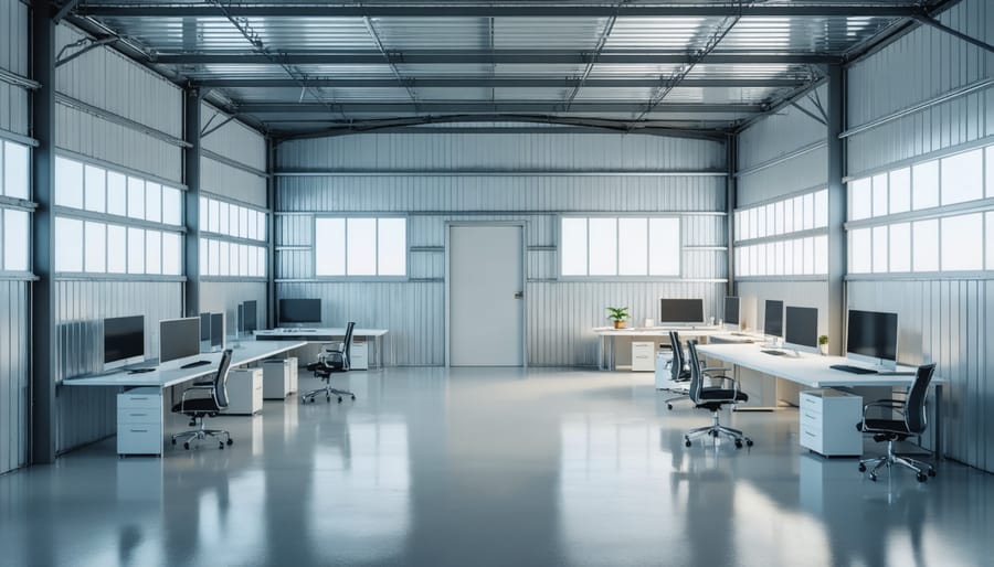 Finished interior of a converted metal shed showing office furniture, lighting, and wall treatments