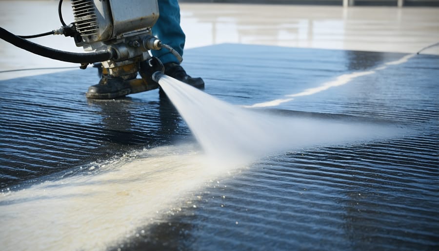 Professional applying liquid weather barrier membrane to building exterior