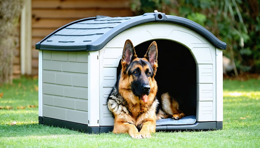 German Shepherd comfortably lounging in a spacious outdoor dog house