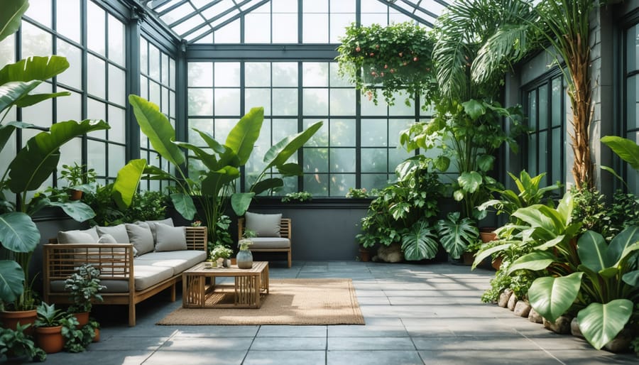 Hybrid greenhouse and outdoor living space featuring furniture and lush greenery