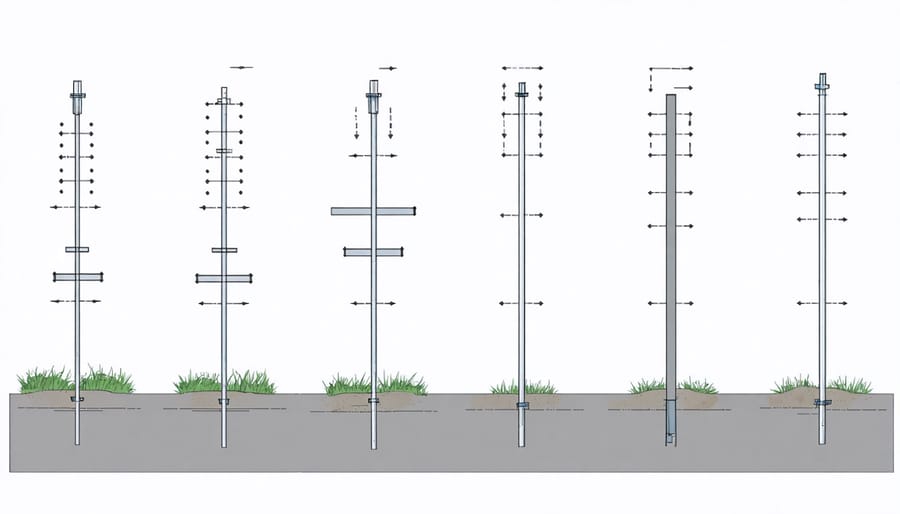 Technical illustration of various ground anchor types including auger, L-bracket, and concrete anchors