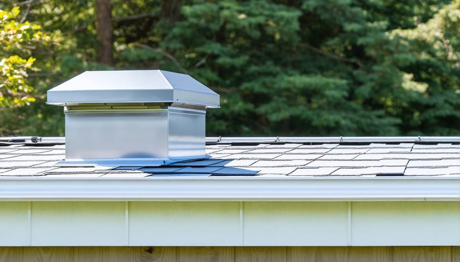 Installation sequence showing J vent roof system components being attached to shed roof structure