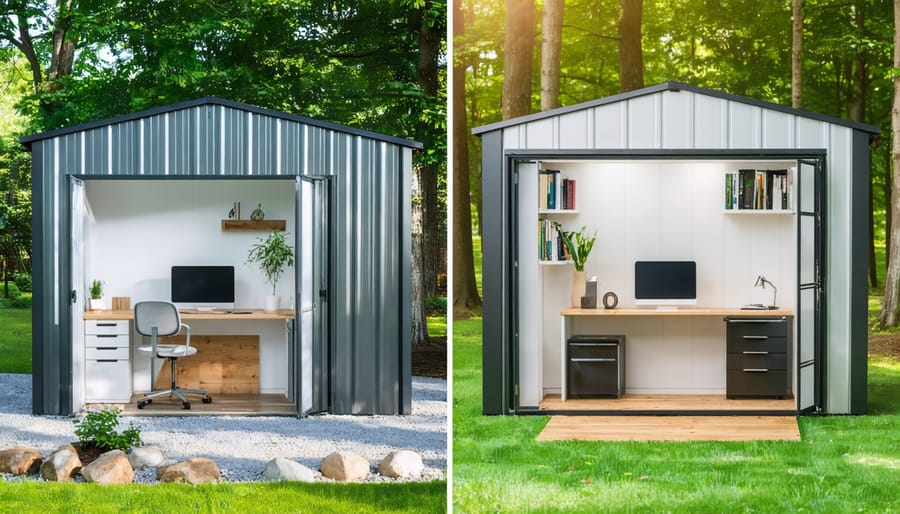 Side-by-side comparison of an original metal shed and its conversion into a stylish home office space