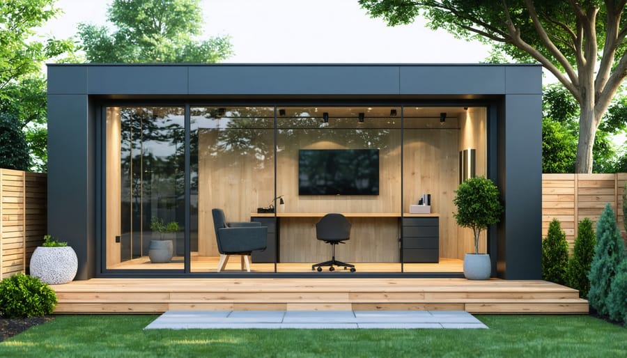 Contemporary backyard office shed with glass panels and natural wood finish