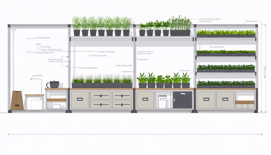 Floor plan illustration of combined potting shed and greenhouse layout with labeled areas
