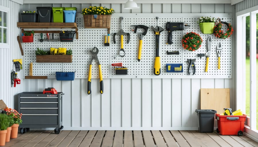 Interior view of an organized shed showing stylish tool storage solutions and decorative organizational elements