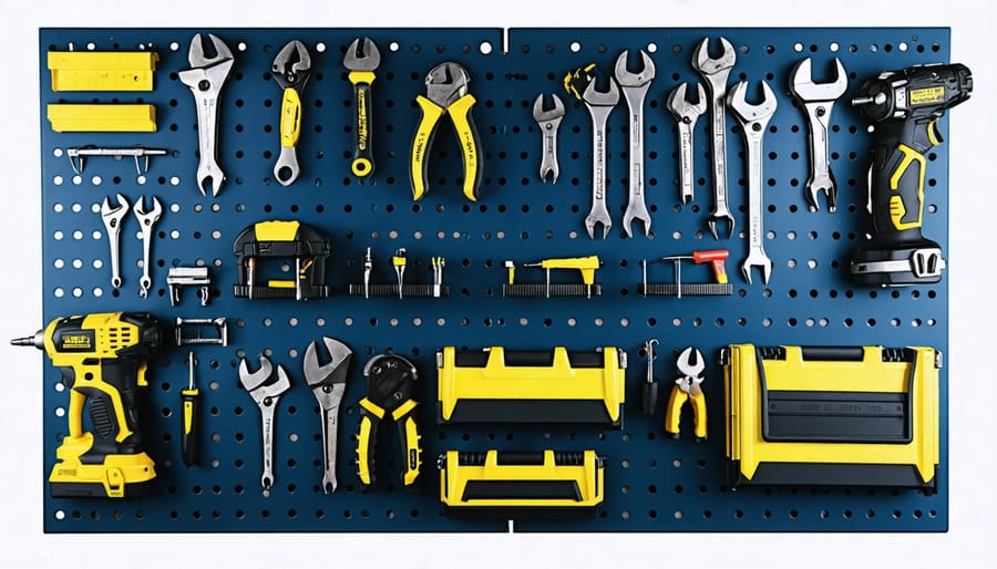 Organized garden shed interior with shadow board tool storage system